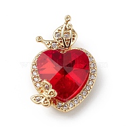 Real 18K Gold Plated Rack Plating Brass Micro Pave Clear Cubic Zirconia Pendants, with Glass, Long-Lasting Plated, Cadmium Free & Lead Free, Heart & Butterfly Charm, Red, 23x15x9mm, Hole: 5x2.5mm(KK-C015-27G-11)