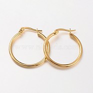 304 Stainless Steel Hoop Earrings, Hypoallergenic Earrings, Ring Shape, Real 18K Gold Plated, 23~25x2mm, 12 Gauge, Pin: 1x0.7mm(X-EJEW-N0016-11G-C)