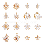 16Pcs 8 Styles Brass Micro Pave Cubic Zirconia Pendants, Light Gold, Flower, Clear, 11~23x8~17.5x3~6mm, Hole: 1.2~1.8mm, 2pcs/style(KK-DC0002-83)