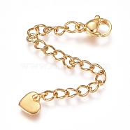 304 Stainless Steel Chain Extender, with Lobster Claw Clasps and Charms, Heart, Golden, 70.5mm, Link: 4x3x0.4mm, Clasp: 9.2x6.2x3.3mm, Charm: 5.2x5.5x1mm.(X-STAS-G221-13G)