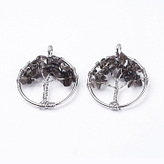Natural Smoky Quartz Pendants, with Brass Findings, Flat Round with Tree of Life, Platinum, 29x5~7mm, Hole: 4.5mm(G-E419-13P)