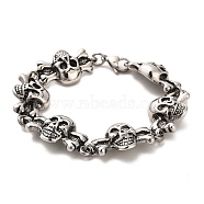 304 Stainless Steel Skull Link Chain Bracelets, Antique Silver, 8-3/8 inch(21.2cm)(BJEW-E094-16AS)