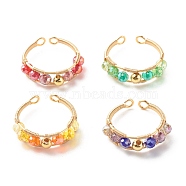 Electroplate Faceted Glass Beads Cuff Rings for Teen Girl Women, Copper Wire Wrap Open Rings, Real 18K Gold Plated, Mixed Color, US Size 7 1/4~8 1/2(17.5~18.5mm), 4pcs/set(X1-RJEW-TA00013)