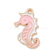 Alloy Enamel Pendants, Light Gold, Cadmium Free & Lead Free, Sea Horse Charm, Pink, 25x14x1mm, Hole: 1.5mm(ENAM-A008-42KCG-01)