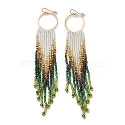 Bohemia Woven Glass Seed Bead Dangle Earrings, Tassel Chandelier Iron Earrings for Women, Green, 145~150mm(EJEW-A046-03C)