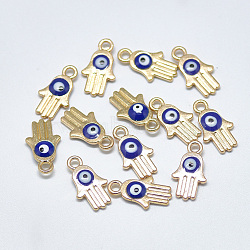 Light Gold Plated Alloy Charms, with Enamel, Religion, Hamsa Hand/Hand of Fatima /Hand of Miriam with Evil Eye, Blue, 14.5x8x2.5mm, Hole: 1.8mm(X-ENAM-S117-28B)