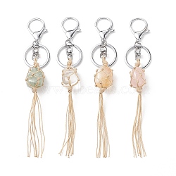 Natural Mixed Gemstone Tassel Keychain, Nylon Thread Wrapped Stone Net Pocket Pendant Keychain, with Alloy Findings, 17cm(KEYC-TA00001)