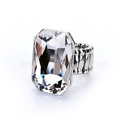 Alloy with Glass Finger Rings, Platinum, Rectangle, Clear, Inner Diameter: 18mm(FS-WGA328D-04)