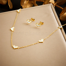 Heart Stainless Steel & Natural Shell Necklaces & Stud Earrings Sets, Golden, 410mm & 9mm(FS-WGB84F7-02)