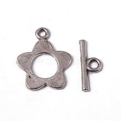 Flower Tibetan Style Alloy Toggle Clasps, Cadmium Free & Nickel Free & Lead Free, Antique Silver, Flower: 16x20mm, Bar: 16mm long, Hole: 2.5mm(X-A0977Y-NF)