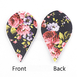 PU Leather Big Pendants, Leaf with Flower Pattern, Colorful, 62x35x2mm, Hole: 1.5mm(FIND-T020-001-34)