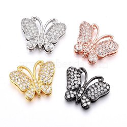 Brass Micro Pave Cubic Zirconia Slide Charms, Long-Lasting Plated, Cadmium Free & Nickel Free & Lead Free, Butterfly, Clear, Mixed Color, 21x26.5x7.5mm, Hole: 2x11mm(ZIRC-G147-15-NR)