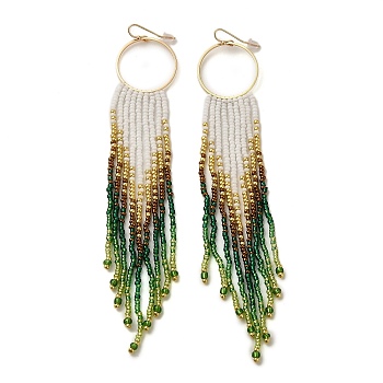Bohemia Woven Glass Seed Bead Dangle Earrings, Tassel Chandelier Iron Earrings for Women, Green, 145~150mm
