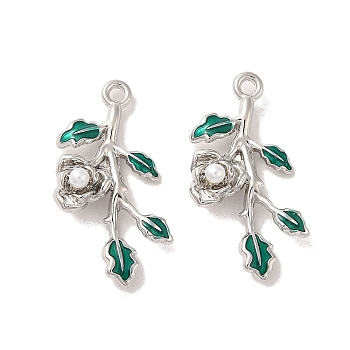 Rack Plating Alloy Enamel Pendants, with ABS Imitation Pearl, Cadmium Free & Nickel Free & Lead Free, Leafy Branch Charms, Platinum, 27x14x6mm, Hole: 1.6mm