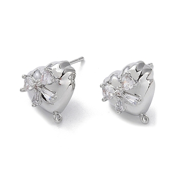 Brass with Cubic Zirconia Stud Earrings Findings, with 925 Sterling Silver Pins, Heart, Platinum, 13x13x6mm, Hole: 1.2mm, Pin: 0.5x12mm