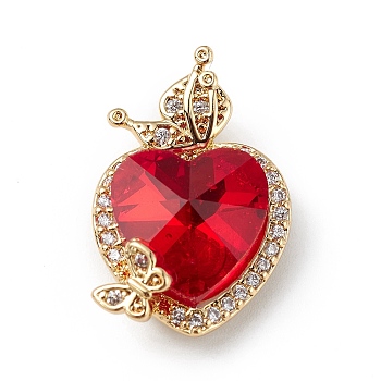 Real 18K Gold Plated Rack Plating Brass Micro Pave Clear Cubic Zirconia Pendants, with Glass, Long-Lasting Plated, Cadmium Free & Lead Free, Heart & Butterfly Charm, Red, 23x15x9mm, Hole: 5x2.5mm