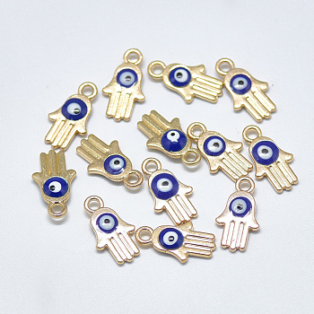 Light Gold Plated Alloy Charms, with Enamel, Religion, Hamsa Hand/Hand of Fatima /Hand of Miriam with Evil Eye, Blue, 14.5x8x2.5mm, Hole: 1.8mm