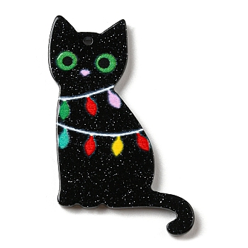 Christmas Acrylic Pendants, with Glitter Powder, Cat, Black, 40x23x2.5mm, Hole: 1.5mm