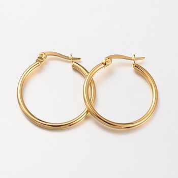 304 Stainless Steel Hoop Earrings, Hypoallergenic Earrings, Ring Shape, Real 18K Gold Plated, 23~25x2mm, 12 Gauge, Pin: 1x0.7mm