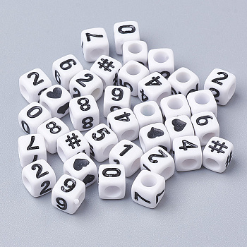 Acrylic Beads, Cube with Number, White, 6x6x6mm, Hole: 3mm, about 2600pcs/500g