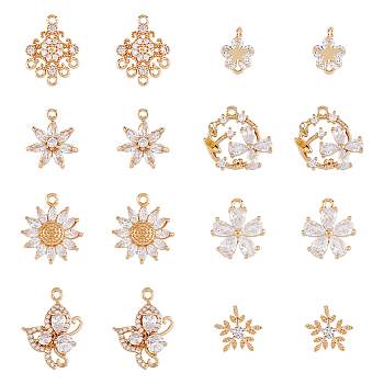16Pcs 8 Styles Brass Micro Pave Cubic Zirconia Pendants, Light Gold, Flower, Clear, 11~23x8~17.5x3~6mm, Hole: 1.2~1.8mm, 2pcs/style