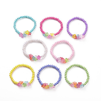 8Pcs 8 Color Opaque Acrylic Faceted Rondelle & Flower Beaded Stretch Bracelets, Childen Bracelets for Girls, Mixed Color, 1/4 inch(0.6cm), Inner Diameter: 1-3/4 inch(4.6cm), 1pc/color