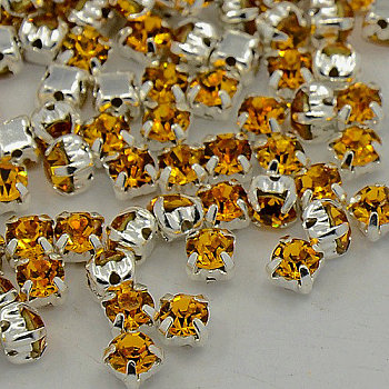 Sew on Rhinestone, Grade A Glass Rhinestone, with Brass Prong Settings, Garments Accessories, Silver Color Plated Metal Color, Topaz, 3~3.2x3~3.2mm, Hole: 1mm, about 1440pcs/bag