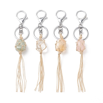 Natural Mixed Gemstone Tassel Keychain, Nylon Thread Wrapped Stone Net Pocket Pendant Keychain, with Alloy Findings, 17cm
