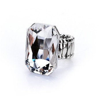 Alloy with Glass Finger Rings, Platinum, Rectangle, Clear, Inner Diameter: 18mm
