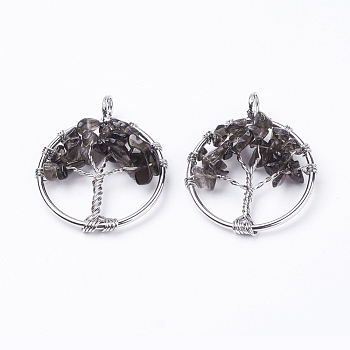 Natural Smoky Quartz Pendants, with Brass Findings, Flat Round with Tree of Life, Platinum, 29x5~7mm, Hole: 4.5mm