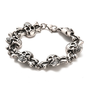 304 Stainless Steel Skull Link Chain Bracelets, Antique Silver, 8-3/8 inch(21.2cm)