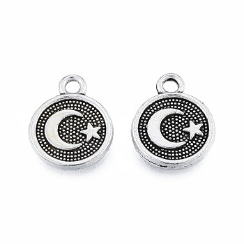 Tibetan Style Alloy Charms, Cadmium Free & Lead Free, Flat Round with Moon & Star, Antique Silver, 13.5x10.5x1.5mm, Hole: 1.6mm, about 1500pcs/1000g