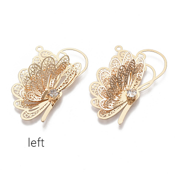 Brass Pendants, with Crystal Rhinestone, Butterfly, Light Gold, 38.5x24.5x8mm, Hole: 1.6mm