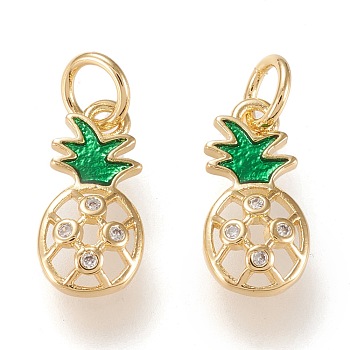 Brass Micro Pave Clear Cubic Zirconia Charms, with Enamel, Long-Lasting Plated, Pineapple, Golden, 13x6.5x2.4mm, Jump Ring: 5x0.7mm, 3.3mm Inner Diameter