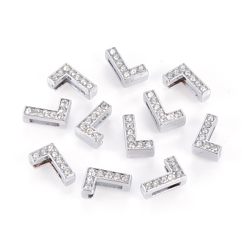 Alloy Initial Slide Charms with Grade A Rhinestones, Lead Free & Nickel Free, Platinum, Letter.L, 12~13x8~13x4~5mm, Hole: 8x2mm