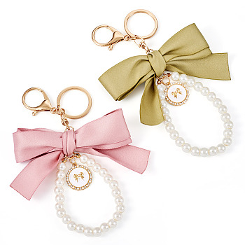 2Pcs 2 Colors Golden Alloy & Polyester & Plastic Keychain, Bowknot, Mixed Color, 17cm