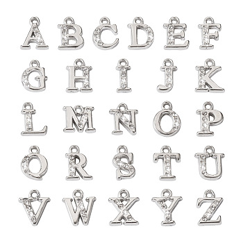 Alloy Rhinestone Charms, Alphabet, Letter A~Z, Crystal, Platinum, 12.5~13.5x5.5~12x2.5mm, Hole: 1.4mm, 26pcs/set