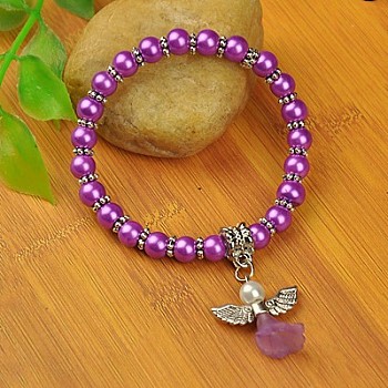 Lovely Wedding Dress Angel Bracelets for Kids, Carnival Stretch Bracelets, with Glass Pearl Beads and Tibetan Style Beads, Dark Orchid, 45mm