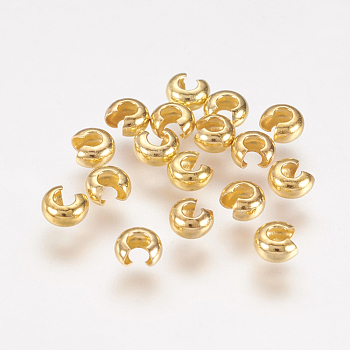 Brass Crimp Beads Covers, Round, Golden, About 3.2mm In Diameter, 2.2mm Thick, Hole: 1mm
