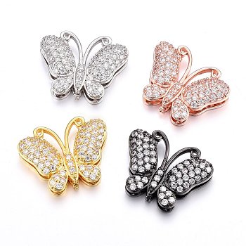 Brass Micro Pave Cubic Zirconia Slide Charms, Long-Lasting Plated, Cadmium Free & Nickel Free & Lead Free, Butterfly, Clear, Mixed Color, 21x26.5x7.5mm, Hole: 2x11mm