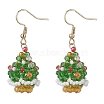 Christmas Tree Glass Seed Beads Beaded Dangle Earrings, with 304 Stainless Steel Earring Hooks, Golden, Green, 44~45x17~18mm(EJEW-MZ00614)