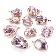 Electroplate Freshwater Shell Pendants, with Golden Iron Edge and Loop, Nuggets, Dyed, Medium Orchid, 21~32.5x14~24x6~21mm, Hole: 1.8mm(SHEL-T018-12G-02)