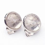Natural Crystal Brass Clip-on Earrings, Flat Round, Clear, 14x10mm(EJEW-A051-B007)
