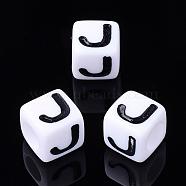 Letter Acrylic Beads, Cube, White, Letter J, Size: about 7mm wide, 7mm long, 7mm high, hole: 3.5mm, about 1664pcs/416g(PL37C9129-J)