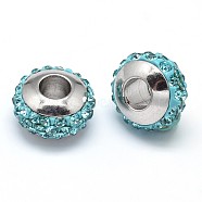 Rondelle 304 Stainless Steel Polymer Clay Rhinestone European Beads, with Double Side Platinum Color Core, Stainless Steel Color, Light Sapphire, 10x6mm, Hole: 4mm(GPDL-P003-06)