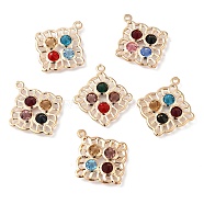 Iron with Glass Pendants, Hollow Rhombus Charm, Mixed Color, 32x28x5mm, Hole: 1.6mm(IFIN-B002-04KCG)