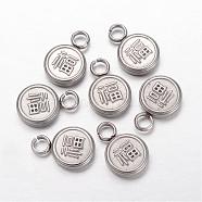 304 Stainless Steel Chinese Symbol Pendants, Flat Round, with Lucky Chinese Character, Stainless Steel Color, 19x13x4mm, Hole: 4mm(STAS-F035-08)