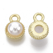 Alloy Pendants, with ABS Plastic Imitation Pearl, Half Round, White, Light Gold, 11x8x4mm, Hole: 2mm(PALLOY-S132-053B)