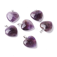 Natural Amethyst Pendants, with Platinum Tone Brass Findings, Heart, 27~28x24.5~26x6~8.5mm, Hole: 2.4x5.6mm(G-G956-B33-FF)