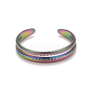 Rainbow Color Ion Plating(IP) 304 Stainless Steel Double Line Open Cuff Ring for Women, US Size 9 3/4(19.5mm)(RJEW-A005-41MC)
